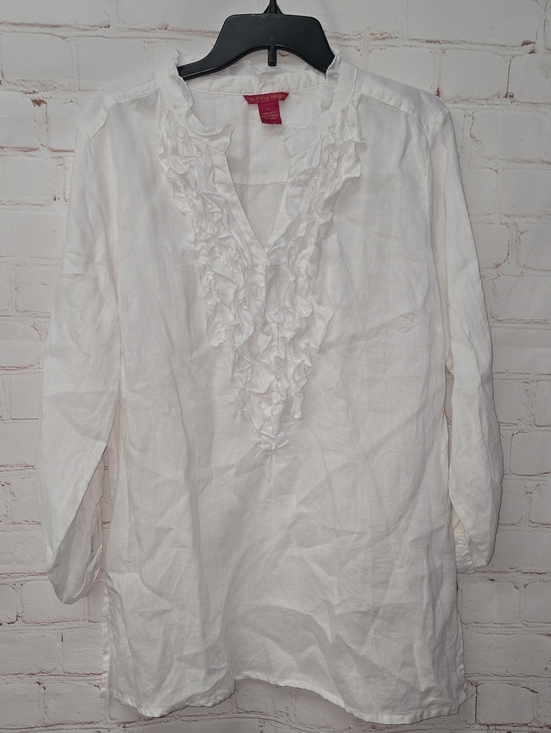 Sunny Leigh Tops - Sunny Leigh White Ruffle V-Neck Tunic 100% Linen Womens Size XL